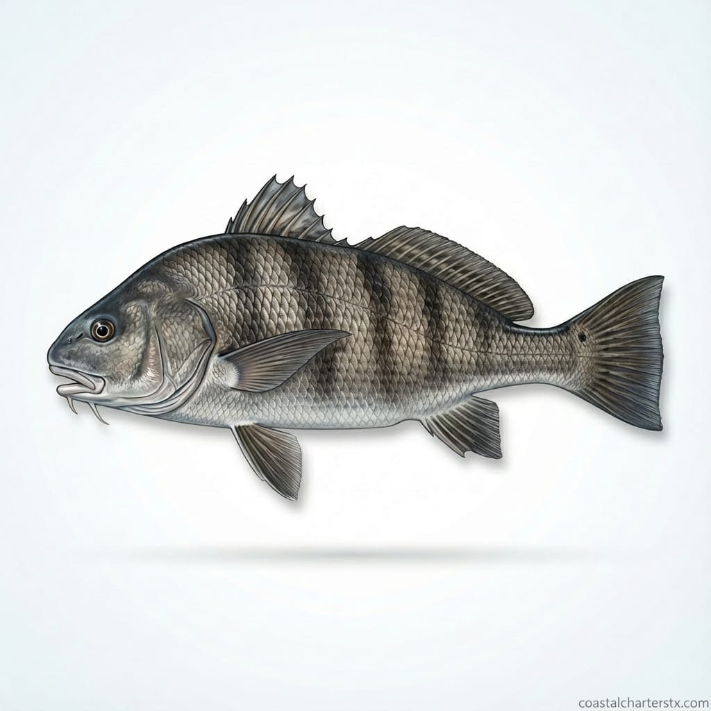 Scientific illustration of a black drum showing dark coloration and chin barbels, a popular inshore game fish in Port Aransas, Texas.