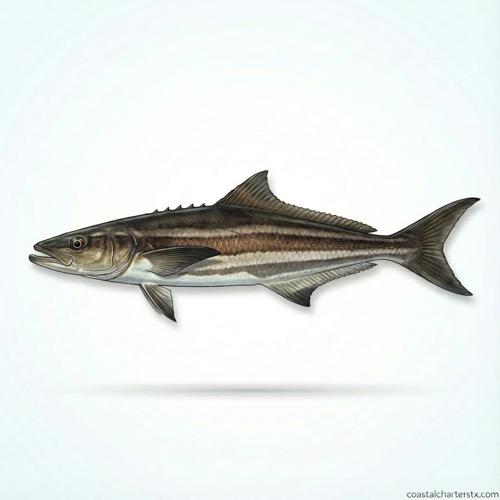 Scientific illustration of a cobia showing dark brown coloring and horizontal stripes.