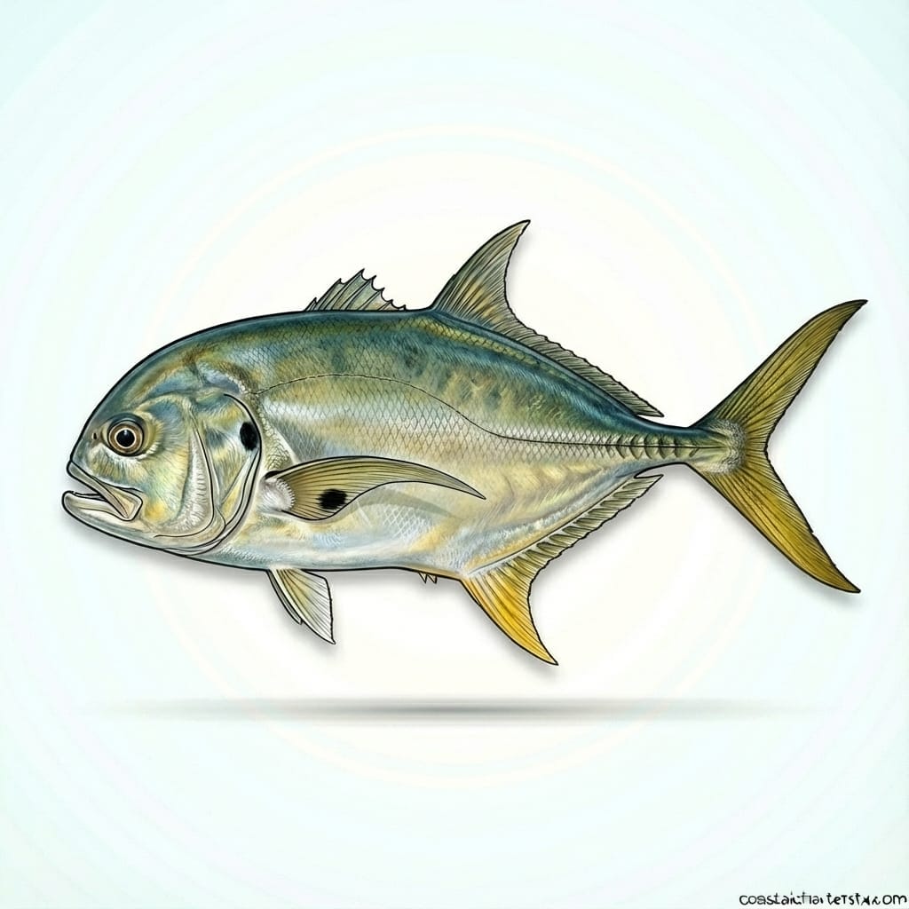 Scientific illustration of a jack crevalle showing deep body and black gill spot, a popular game fish in Port Aransas, Texas.