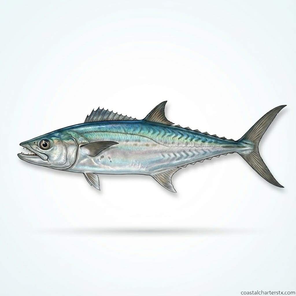 Scientific illustration of a king mackerel showing torpedo shape and forked tail, a popular offshore game fish in Port Aransas, Texas.