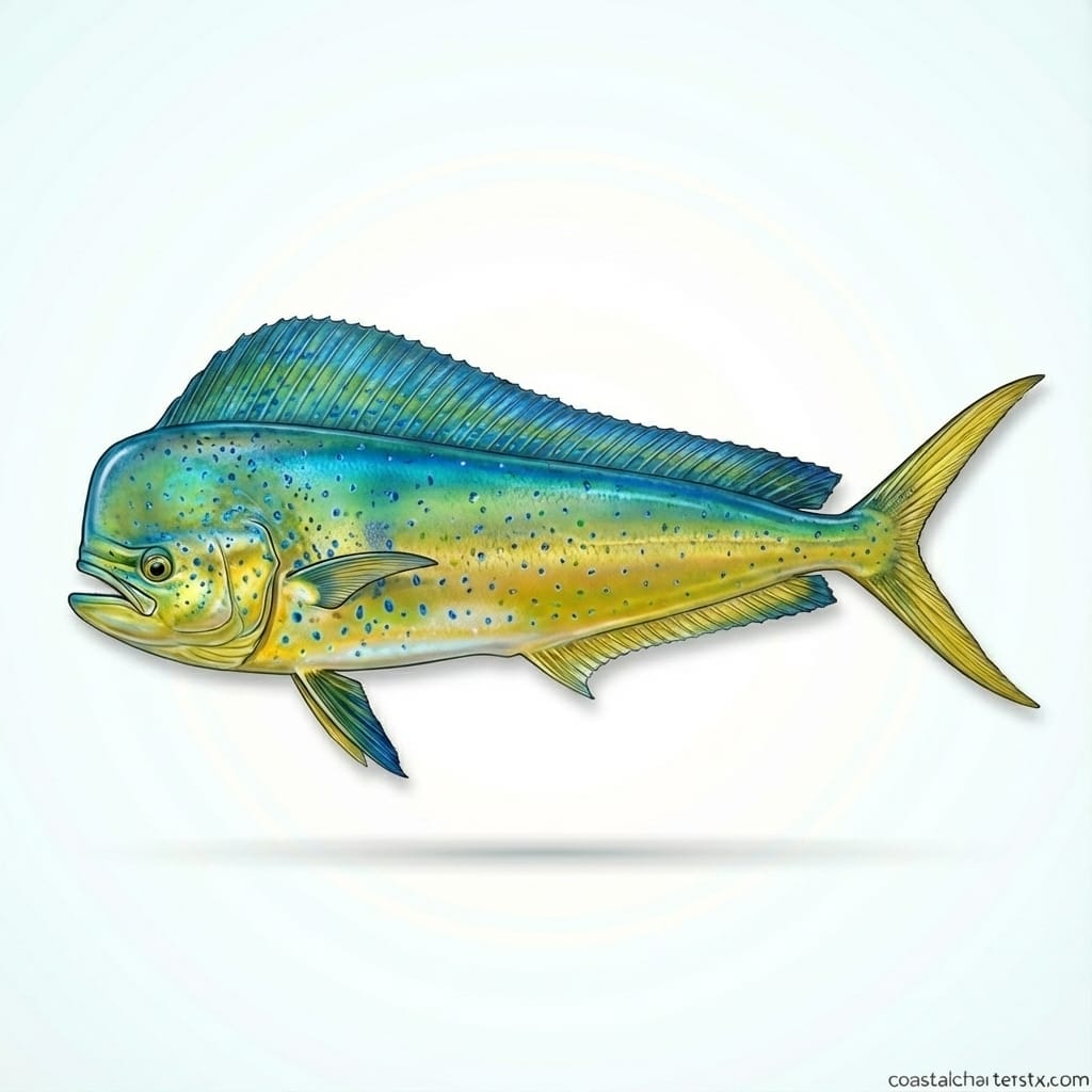 Scientific illustration of a mahi-mahi showing iridescent blue-green and yellow coloring, a popular offshore game fish in Port Aransas, Texas.