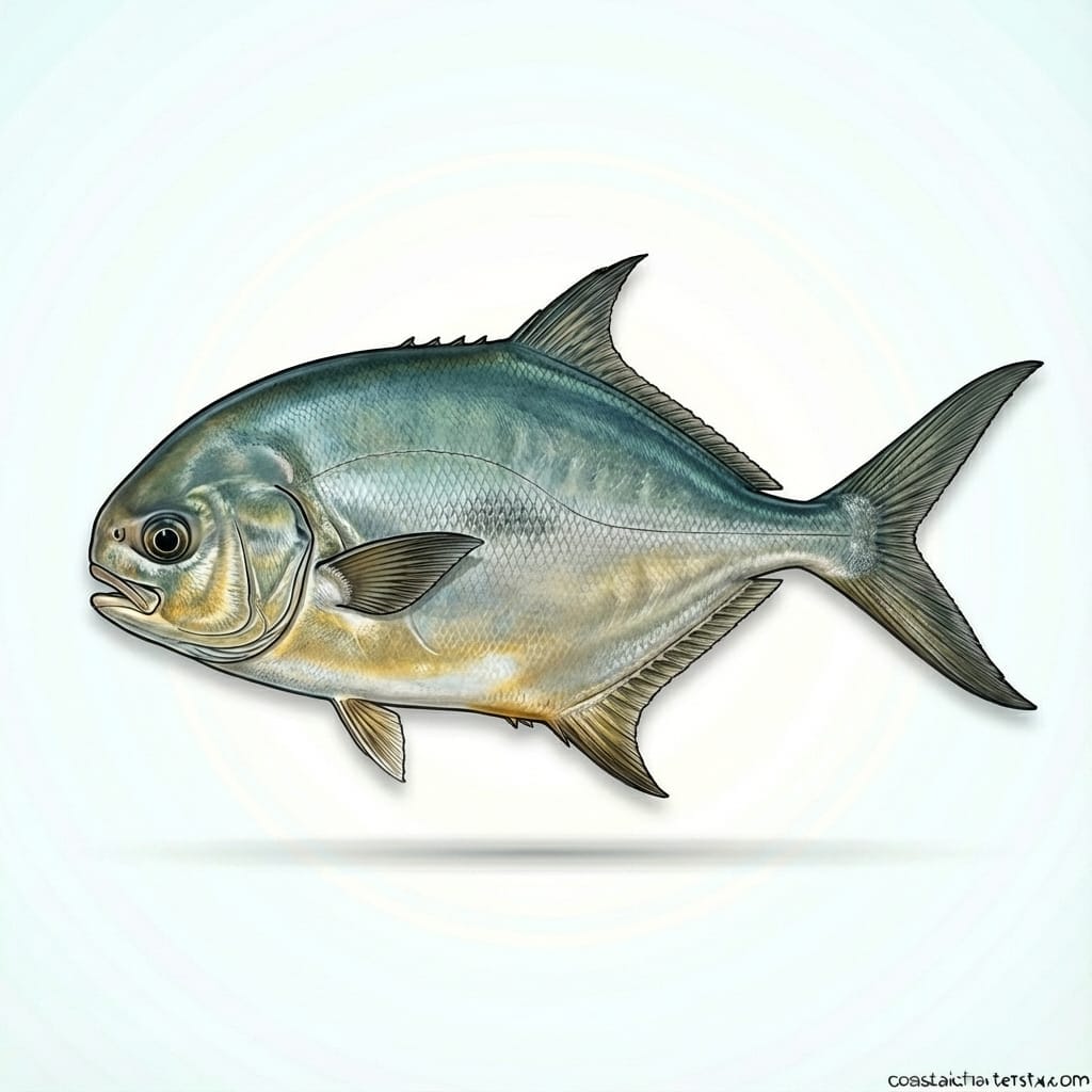 Scientific illustration of a Florida pompano showing silver body with golden belly, a popular game fish in Port Aransas, Texas.