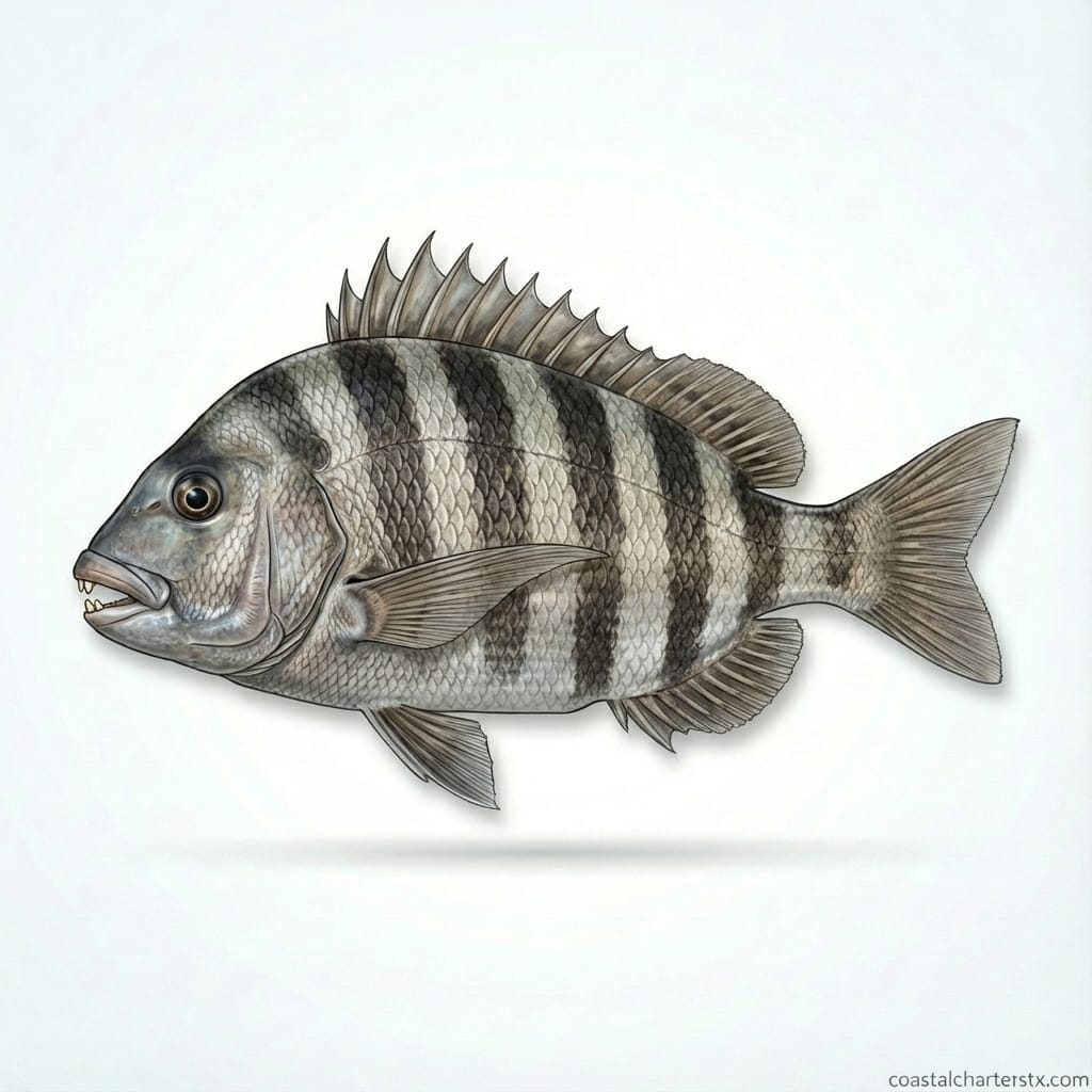 Scientific illustration of a sheepshead showing black vertical bars and distinctive teeth, a popular inshore game fish in Port Aransas, Texas.