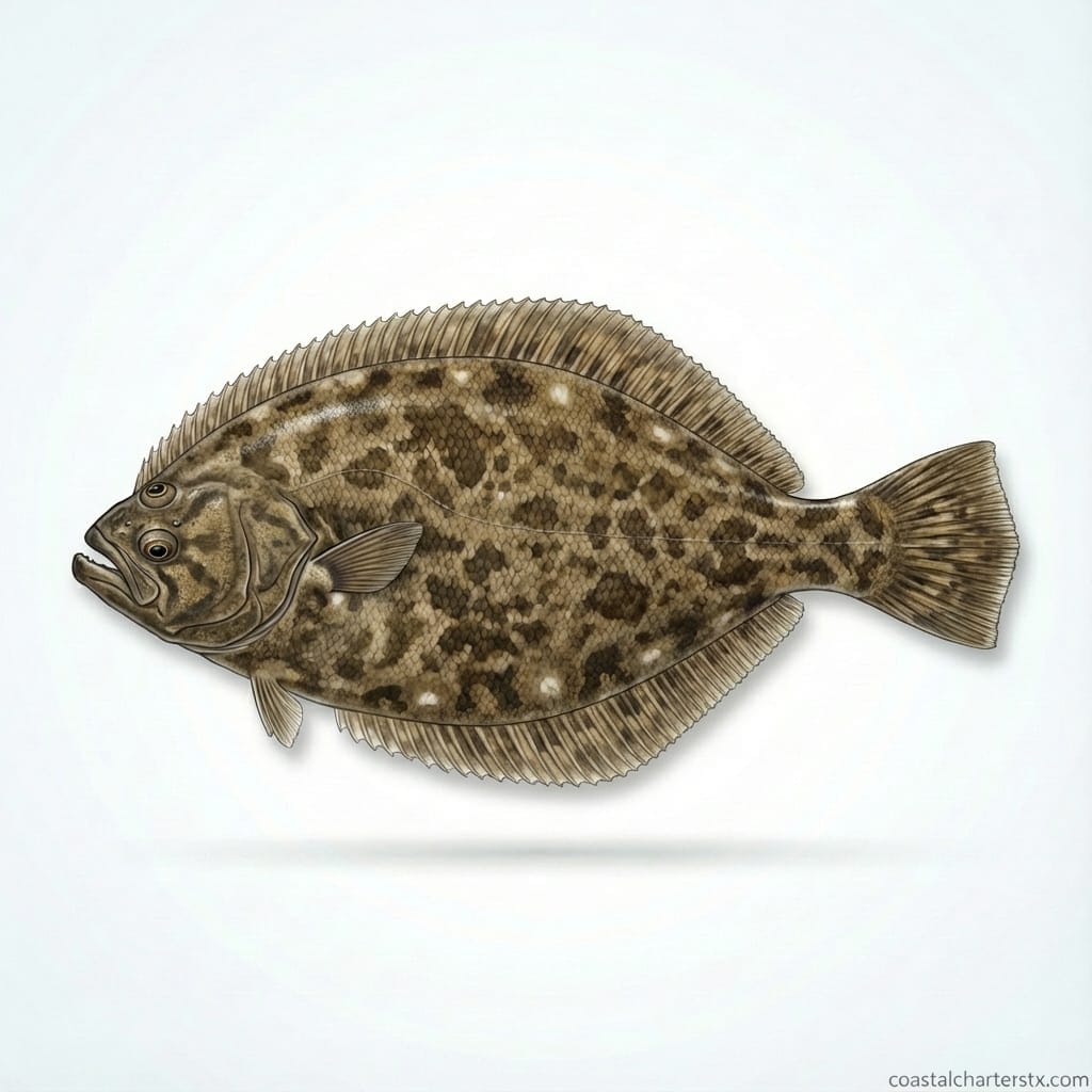 Scientific illustration of a southern flounder showing flat body and camouflage pattern, a popular inshore game fish in Port Aransas, Texas.