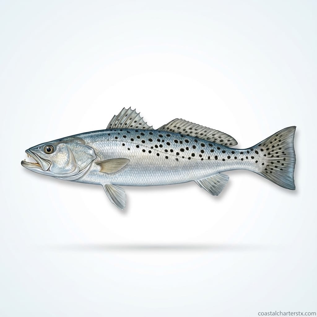 Scientific illustration of a spotted seatrout showing silvery body with black spots, a popular inshore game fish in Port Aransas, Texas.