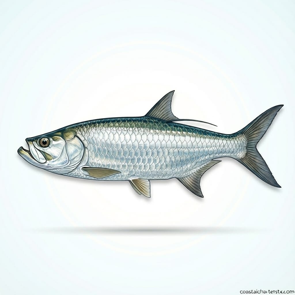 Scientific illustration of a tarpon showing large silver scales, a popular game fish in Port Aransas, Texas.