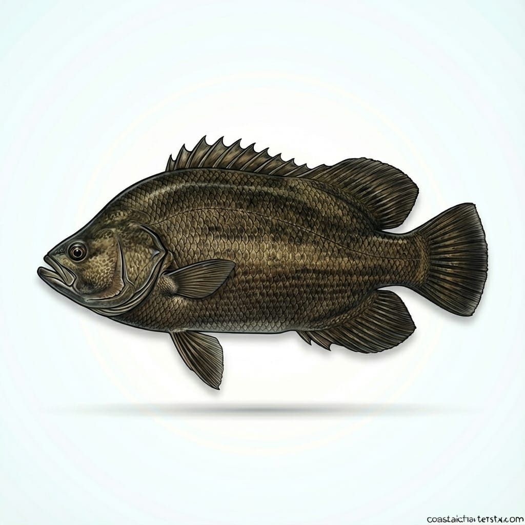 Scientific illustration of a tripletail showing dark mottled coloring and three-tail appearance, a popular fish in Port Aransas, Texas.