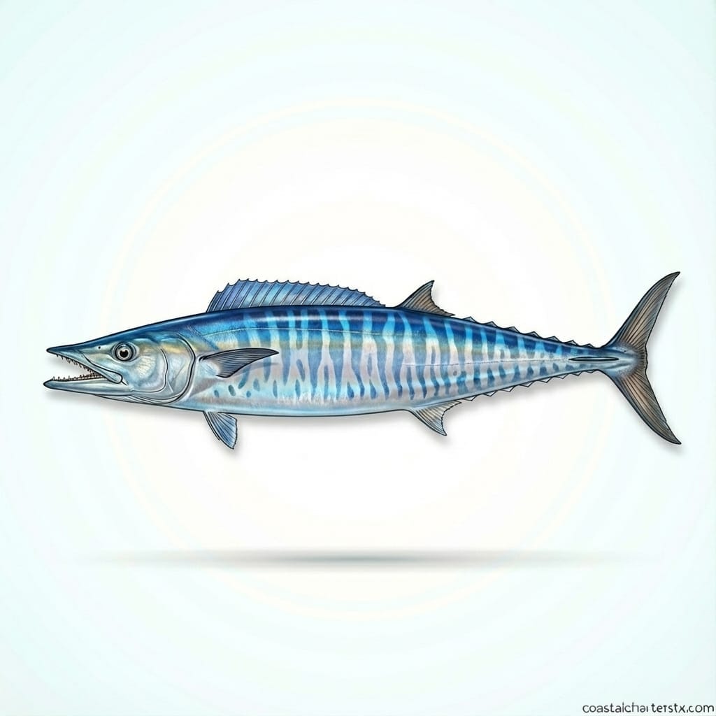Scientific illustration of a wahoo showing blue tiger stripes on silver body, a popular offshore game fish in Port Aransas, Texas.