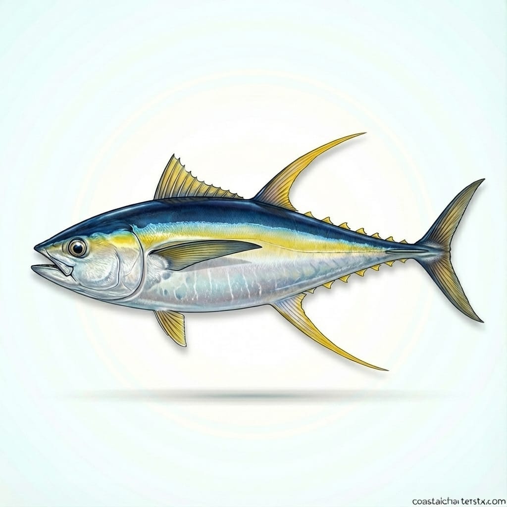 Scientific illustration of a yellowfin tuna showing metallic blue back and yellow fins, a popular offshore game fish in Port Aransas, Texas.
