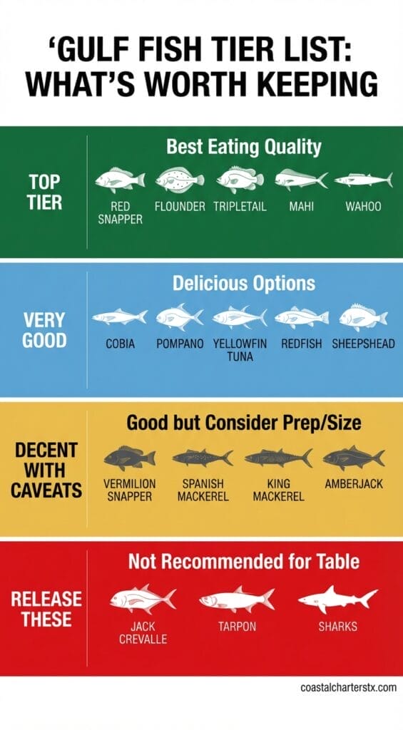 Infographic titled 'GULF FISH TIER LIST: WHAT’S WORTH KEEPING' from coastalcharterstx.com. It classifies Gulf of Mexico fish into four colored tiers based on eating quality.
The top, dark green tier is 'TOP TIER: Best Eating Quality' and lists Red Snapper, Flounder, Tripletail, Mahi, and Wahoo.
The second, blue tier is 'VERY GOOD TIER: Delicious Options' and lists Cobia, Pompano, Yellowfin Tuna, Redfish, and Sheepshead.
The third, yellow tier is 'DECENT WITH CAVEATS TIER: Good but Consider Prep/Size' and lists Vermilion Snapper, Spanish Mackerel, King Mackerel, and Amberjack.
The bottom, red tier is 'RELEASE THESE TIER: Not Recommended for Table' and lists Jack Crevalle, Tarpon, and Sharks.
Each entry includes a simple illustration of the fish alongside its name.